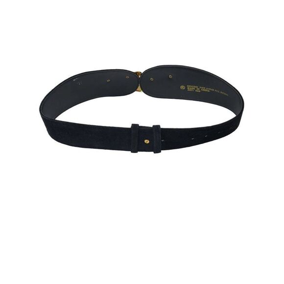 Vintage 80's Wide V Belt Black Suede Ornate Gold Etched Hook Buckle Art to Wear - Picture 8 of 8